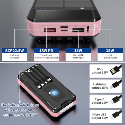Solar Power Bank 49800mAh, Portable Charger with Built-in 4 Cables, 22.5W Fast Charging Solar Panel Charger for Traveling, Camping and Emergency(Pink) - color: Pink
