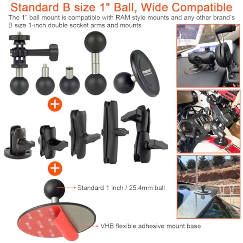 1 Inch Ball Adhesive Mount Base Compatible with RAM Mounts B Size Double Socket Arm Flexible Adhesive 1" Ball Base Mount for Action Camera Car Dashboards Motorcycle Phone Holder Mount Base