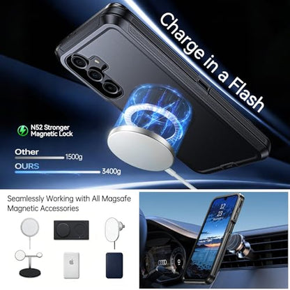 DUEDUE Magnetic Case for Samsung Galaxy A17 Case, Samsung A16 Case with Belt Clip Holster, Heavy Duty Protection Case[Compatible with Magsafe], Rugged Phone Cover with 360°Rotating Kickstand, Black