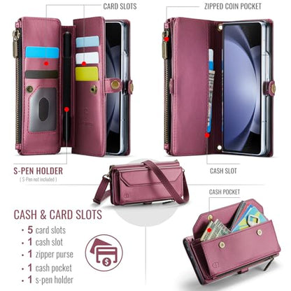 Strapurs Crossbody Wallet Case Compatible with Samsung Galaxy Z Fold 5 with RFID Blocking Card Holder & Pen Holder Slot Soft PU Leather Shoulder Strap Zipper Pocket Purse Fold 5 Phone Case, Wine Red | RFID Blocking 5-Card Holder, Shoulder Lanyard, Wirst S