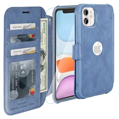 VANAVAGY Wallet Case for iPhone 11 6.1 inch, Blue | 12ft Drop-proof Cover for Women Men, Silm PU Leather, RFID Blocking Card Holder, Wrist Strap, Screen Protector - color: Blue