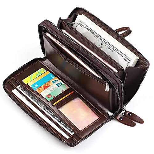 Large Wallet Clutch Long Leather Phone Purse Business Hand Clutch Bag Card Holder Travel Wallet for Men Women Father Husband - color: Double-Brown