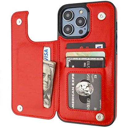 ONETOP for iPhone 14 Pro Max Wallet Case with Credit Card Holder,Red | Kickstand,ID/Cash Holder,Case Wallet with Card Slots,Double Magnetic Clasp,Durable PU Leather Shockproof Cover for Women Men - color: Red