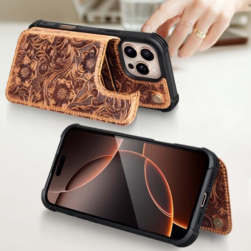 Wallet Real Leather Case Compatible With iPhone 14 Pro Max 6.7" | Genuine Leather,Shockproof,Anti-Fall Case,Flip Cover,with Card Slot,Double Magnetic Buckle,Kickstand,RFID Blocking Brown - color: Brown, size: 6.7"-14 Pro Max