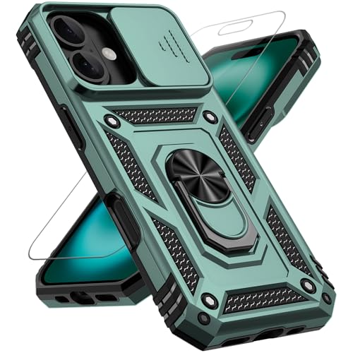 for iPhone 17 Case, with Slide Camera Cover HD Screen Protector [Military Grade 16ft. Drop Tested] Ring Holder Kickstand Protective Phone Case for Apple iPhone 17, Dark Green - color: Dark Green w/ Slide Camera 2nd gen. Military Grade