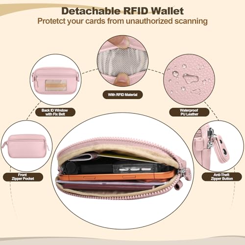 YFWE Clip and Go Phone Strap with Crossbody Wallet, Adjustable Phone Lanyard with Detachable RFID Wristlet Wallet, Anti-Theft Leather Purse with ID Window for Travel Essentials (Pink) - color: Pink