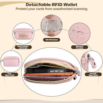 YFWE Clip and Go Phone Strap with Crossbody Wallet, Adjustable Phone Lanyard with Detachable RFID Wristlet Wallet, Anti-Theft Leather Purse with ID Window for Travel Essentials (Pink) - color: Pink
