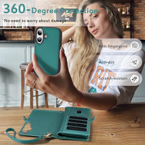 for Wallet Case Compatible with iPhone 17,Multi-Function Detachable 2 in 1 Magnetic iPhone 17 Case Wallet,Flip Strap Zipper Card Holder Phone Case with Shoulder Straps (Green) - color: Green, size: iPhone 17