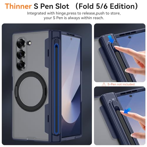 Upgraded 360° Spin Magnetic Invisible Ring Stand for Samsung Galaxy Z Fold 6 Case,[Compatible with MagSafe][S Pen Holder][Hinge Protection][Screen Protector],Shockproof Full Body Phone Cover (Blue) - color: Blue