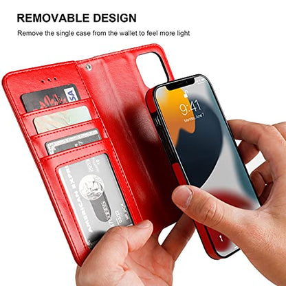 Bocasal Detachable Wallet Case Card Holder for iPhone 13, Red | RFID Blocking Kickstand Card Slots Holder PU Leather Magnetic Shockproof Wrist Strap Removable Flip Protective Cover 6.1 inch - color: Red