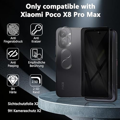 2+2 Pack Privacy Screen Protector for Xiaomi Poco X8 Pro Max, Anti-Spy Tempered Glass with Camera Lens Protector, 9H Anti-Scratch, Bubble Free, Case Friendly - size: for Poco X8 Pro Max