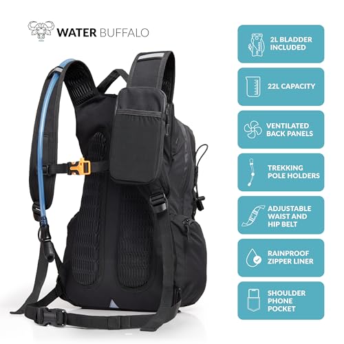 Water Buffalo Sherpa 22L Hiking Hydration Backpack, 2L Bladder | Hiking Backpack with Water Bladder, Waterproof Zippers, Phone Compartment, Trekking Pole Holders, Padded Straps - color: Black