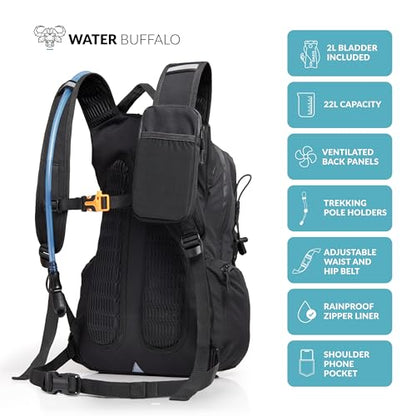 Water Buffalo Sherpa 22L Hiking Hydration Backpack, 2L Bladder | Hiking Backpack with Water Bladder, Waterproof Zippers, Phone Compartment, Trekking Pole Holders, Padded Straps - color: Black