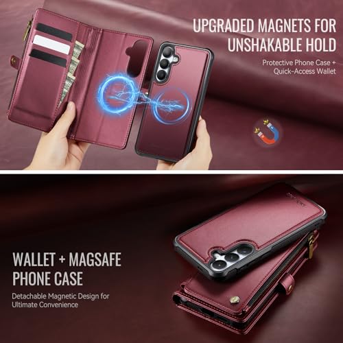 Defencase for Galaxy S26 Case Wallet Compatible with Magsafe 6.3", Wine Red | Magnetic Detachable, with RFID Bolcking Card Holder, Zipper Strap, PU Leather Drop-Proof Phone Cover for Samsung Galaxy S26 - color: (Detachable with Magsafe)-Wine Red