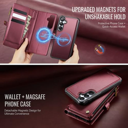 Defencase for Galaxy S26 Case Wallet Compatible with Magsafe 6.3", Wine Red | Magnetic Detachable, with RFID Bolcking Card Holder, Zipper Strap, PU Leather Drop-Proof Phone Cover for Samsung Galaxy S26 - color: (Detachable with Magsafe)-Wine Red