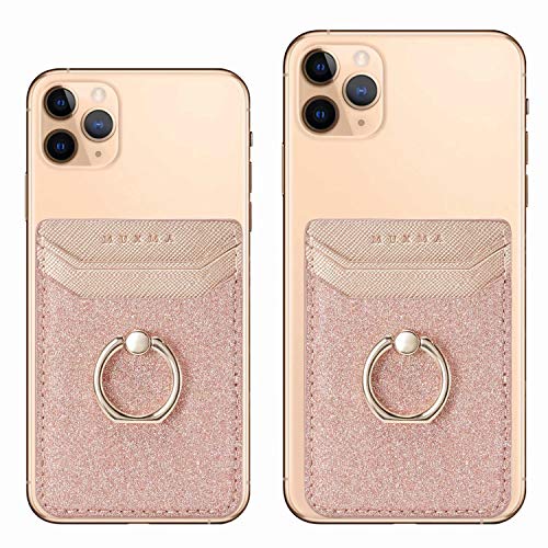 Card Holder Sleeve with Kickstand Ring for Women, 2 Pieces RFID Credit Wallet Glitter Stick On Back Grip for iPhone Samsung Smartphone - Pink + Gold - color: Pink + Gold