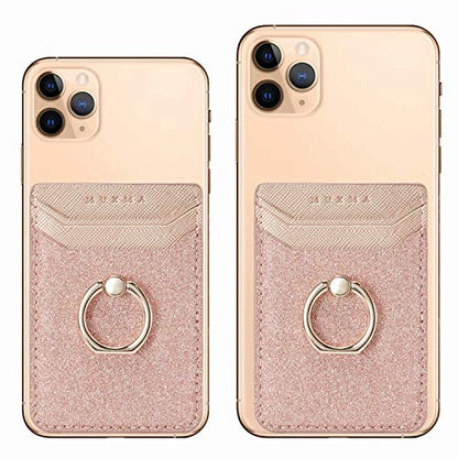 Card Holder Sleeve with Kickstand Ring for Women, 2 Pieces RFID Credit Wallet Glitter Stick On Back Grip for iPhone Samsung Smartphone - Pink + Gold - color: Pink + Gold