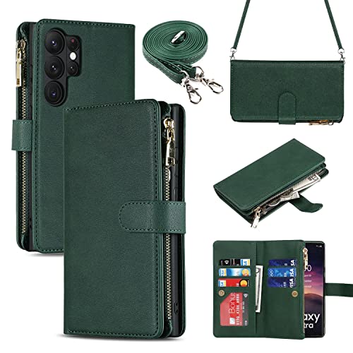 iCoverCase for Samsung Galaxy S23 Ultra Wallet Case with Card Holder, Kickstand Feature PU Leather Case with Adjustable Crossbody Lanyard Magnetic Clasp Zipper Pocket Flip Cover (Green) - color: Green, size: Galaxy S23 Ultra
