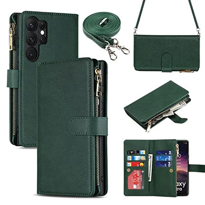 iCoverCase for Samsung Galaxy S23 Ultra Wallet Case with Card Holder, Kickstand Feature PU Leather Case with Adjustable Crossbody Lanyard Magnetic Clasp Zipper Pocket Flip Cover (Green) - color: Green, size: Galaxy S23 Ultra