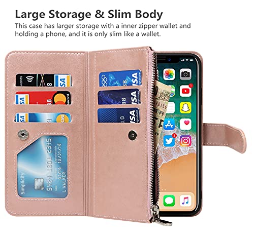 iCoverCase for iPhone X/XS Wallet Case with Card Holder and Wrist Strap, PU Leather Kickstand Card Slots Zipper Pocket Magnetic [Detachable] Flip Cover Case 5.8 Inch (Rose Gold) - color: Rose Gold