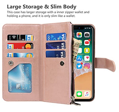 iCoverCase for iPhone X/XS Wallet Case with Card Holder and Wrist Strap, PU Leather Kickstand Card Slots Zipper Pocket Magnetic [Detachable] Flip Cover Case 5.8 Inch (Rose Gold) - color: Rose Gold