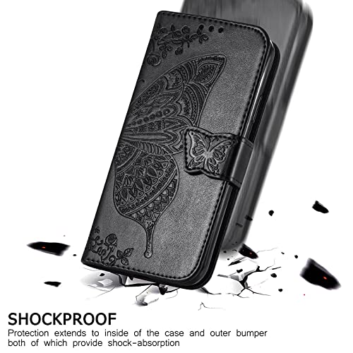 for iPhone 13 Pro Case Wallet for Women,Black | Flip Folio Butterfly Embossed PU Leather Kickstand Credit Card Holder Slots Magnetic Wrist Strap Phone Cover - color: Black