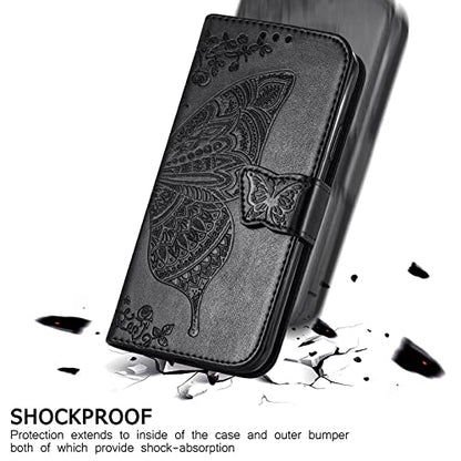 for iPhone 13 Pro Case Wallet for Women,Black | Flip Folio Butterfly Embossed PU Leather Kickstand Credit Card Holder Slots Magnetic Wrist Strap Phone Cover - color: Black