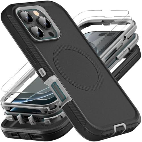 YKHJKLEC for iPhone 16 Pro Case, Compatible with Magsafe, Military Grade 3 in 1 Heavy Duty Shockproof/Drop Proof/Dust Proof Case with 2Pcs Tempered Glass Screen Protector (New-Black/Grey) - color: New-Black/Grey