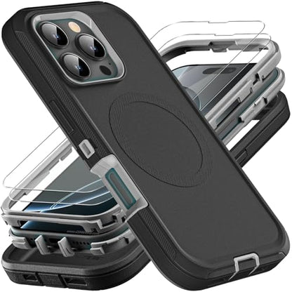 YKHJKLEC for iPhone 16 Pro Case, Compatible with Magsafe, Military Grade 3 in 1 Heavy Duty Shockproof/Drop Proof/Dust Proof Case with 2Pcs Tempered Glass Screen Protector (New-Black/Grey) - color: New-Black/Grey