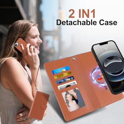 Magnetic Case for iPhone 16E Wallet Compatible with Magsafe RFID Blocking Card Holder Detachable Phone Cover Kickstand Snap Strap Zipper Pocket PU Leather (Brown) - color: Brown, size: iPhone 16e