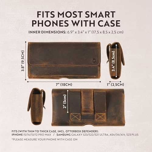 Moonster Leather Phone Holster – Genuine Full-Grain Leather for iPhone 17/16/15/14 Pro Max & Plus, Galaxy S25/S24 Ultra – Slim Belt Clip Phone Pouch with Magnetic Closure, Fits Thick Cases – 7” x 3.5” - color: Brown Horizontal