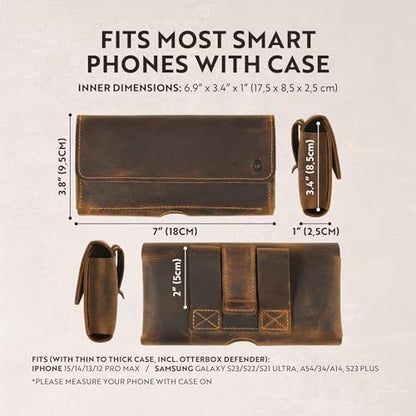 Moonster Leather Phone Holster – Genuine Full-Grain Leather for iPhone 17/16/15/14 Pro Max & Plus, Galaxy S25/S24 Ultra – Slim Belt Clip Phone Pouch with Magnetic Closure, Fits Thick Cases – 7” x 3.5” - color: Brown Horizontal