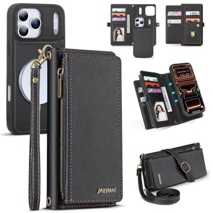 for iPhone 17 Pro Wallet Case, Detachable Magnetic Phone Case,Faux Leather Strap Wallet,with RFID Blocking，Zipper Card Holder，Shoulder Straps (Black) - color: Black, size: iPhone 17 Pro