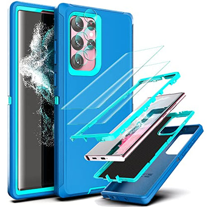 YmhxcY for Galaxy S22 Ultra Case with Self Healing Flexible TPU Film[2 Pack] and Lens Protective Film[2 Pack], Heavy Protection Cover for Galaxy S22 Ultra （6.8“）-Blue and Turquoise - color: Blue and turquoise