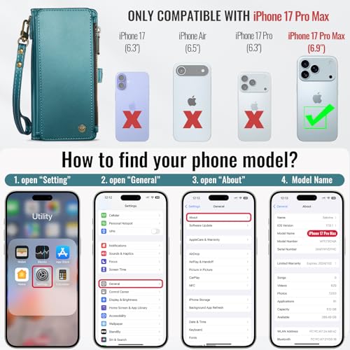 Defencase for iPhone 17 Pro Max Wallet Case with RFID Card Holder, Green | Durable Soft PU Leather, with Zipper Pocket, Wrist Strap, Fashion Snap Flip Phone Cases Cover with Stand for Women and Men - color: Blue Green