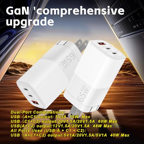 65W GaN Fast Charger, 3-Port USB C PD Power Adapter