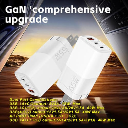 65W GaN Fast Charger, 3-Port USB C PD Power Adapter