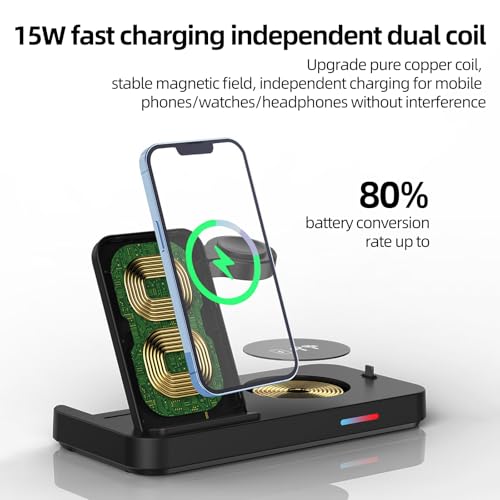 3 in 1 Foldable Wireless Charging Stand, Dual Coils Fast Charging Station, LED Indicator, 80% High Conversion, Safe Charging for Phone, Watch, Earbuds
