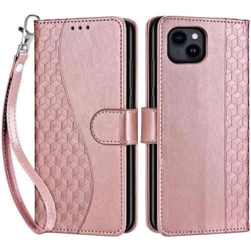 for iPhone 15 Plus Wallet case, Rose Gold | 3 Card Holders, Kickstand, Shockproof TPU Shell, PU Leather, Magnetic Closure, Protective Flip Folio Cover, Women - color: 5