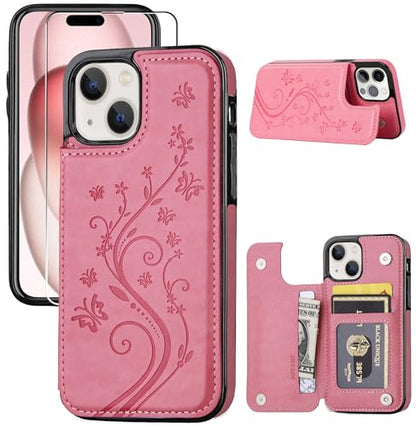 Wallet Case Compatible with iPhone 15,Slim Protective case with Card Holder,Premium PU Leather Kickstand Card Slots with Double Magnetic Clasp for iPhone 15(6.1")-Pink Butterfly - color: Pink