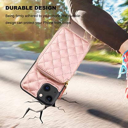 Bocasal Crossbody Wallet Case Card Holder for iPhone 13, Rose Gold | RFID Blocking PU Leather Zipper Handbag Purse, Kickstand Flip Folio Case with Card Slots Holder Wrist Strap Lanyard 6.1 Inch - color: Rose Gold