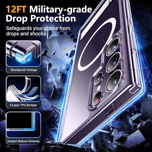 SPIDERCASE for Samsung Galaxy S24 Ultra Case, with Invisible Kickstand, Magnetic Case [Military Grade Drop Protection] [2 pcs Tempered Glass Screen Protectors] Shockproof Slim Case, Clear | with Invisible Kickstand - color: Clear