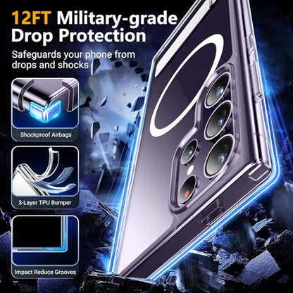 SPIDERCASE for Samsung Galaxy S24 Ultra Case, with Invisible Kickstand, Magnetic Case [Military Grade Drop Protection] [2 pcs Tempered Glass Screen Protectors] Shockproof Slim Case, Clear | with Invisible Kickstand - color: Clear