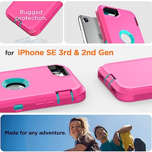 AICase for iPhone SE Case 3rd & 2nd Generation, for iPhone SE 2022/2020 Built-in Screen Protector Heavy Duty Protective Shockproof 3-Layer Full Body Rugged Phone Cover, Pink/Aqua Blue - color: Pink/aqua blue