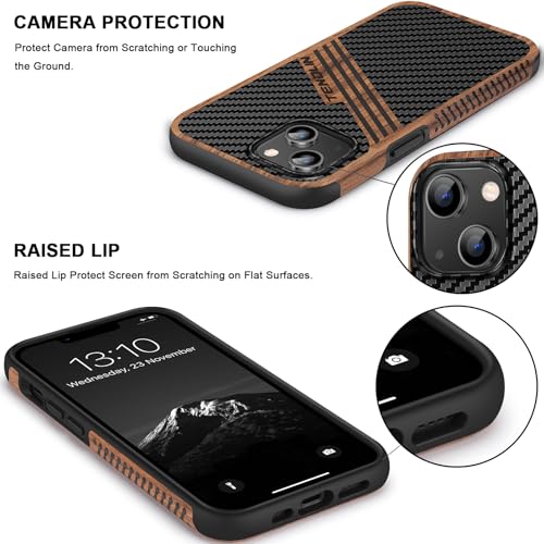 TENDLIN Magnetic Case Compatible with iPhone 14 Case Wood Grain with Carbon Fiber Texture Design Leather Hybrid Slim Cover (Compatible with MagSafe) Three Stripe - color: Magnetic Three Stripe, size: iPhone 14