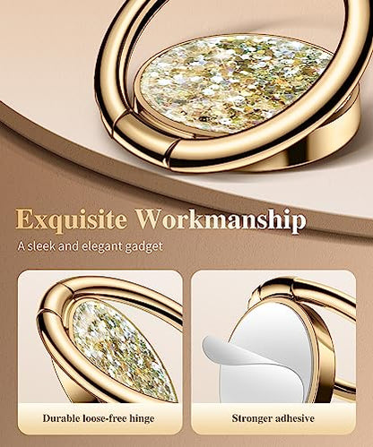 GVIEWIN Gritter Cell Phone Ring Holder, Metal Kickstand Grip 360° Rotation - color: Golden Glitter