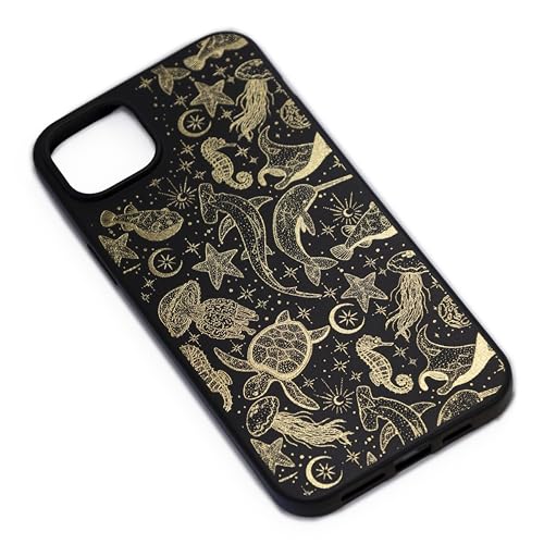 Phone Case compatible with iPhone 13 - Gold Sea Life Animal Protective Cover TPU Black Rubber Matte Aesthetic Golden Cover Cute Ocean Fish Trendy Turtle Seahorse Stingray Celestial Design Summer - color: Sea Life, size: iPhone 13