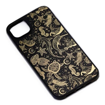 Phone Case compatible with iPhone 13 - Gold Sea Life Animal Protective Cover TPU Black Rubber Matte Aesthetic Golden Cover Cute Ocean Fish Trendy Turtle Seahorse Stingray Celestial Design Summer - color: Sea Life, size: iPhone 13