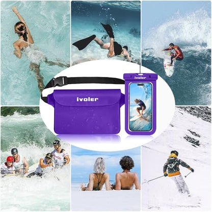 ivoler 2-Pack Waterproof Fanny Pack & Phone Pouch, Dry Bag for Passport, Phone & Wallet, Floating Waterproof Phone Case for Beach, Swimming, Kayaking, Boating, Cruise Essentials & Travel - color: Deep Purple