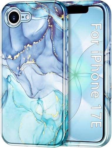 Btscase Compatible with iPhone 17e Case 6.1 Inch 2026,Marble Pattern 3 in 1 Heavy Duty Shockproof Full Body Rugged Hard PC+Soft Silicone Drop Protective Women Girl Phone Cases, Blue Cyan - color: Blue Cyan, size: iPhone 17e